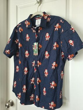 Denim & Flower Navy Santa Print Short-Sleeve Button-Up Shirt XL